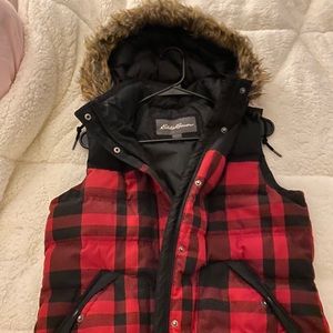Red plaid puffer vest with fur hood